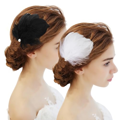 MWOOT 4 Pezzi Fermagli Capelli Piume Bianche e Nere, Copricapo Piume Cigno Bianco Accessori Capelli Balletto Donne Ragazze, Pezzo Capelli Perla Costume Carnevale, Sposa Matrimonio Festa Cosplay