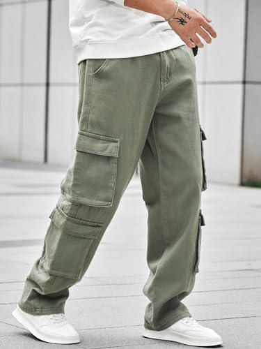 Image of Men's 8 Pocket Cargo Pants | Premium Cotton Twill Baggy Fit Trousers | Stretchable Casual Streetwear Cargos | Mid Rise