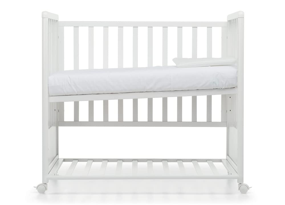 Foppapedretti Lettino Culla con Sponda a Scomparsa Pikkoletto, Made in Italy, Legno di Faggio, Rete a doghe a 3 altezze, Materassino Incluso, 112x61x106 cm, ruote piroettanti, Bianco