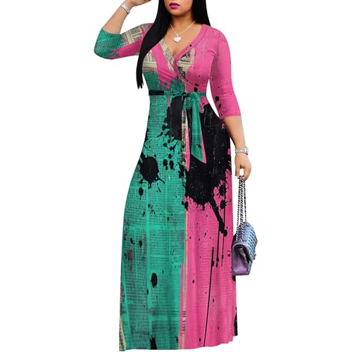 Image of PinkPatty Women's Print Maxi Dresses 3 /4 Sleeve Flowy Long Dress V Neck Wrap Tie Waist Sundress