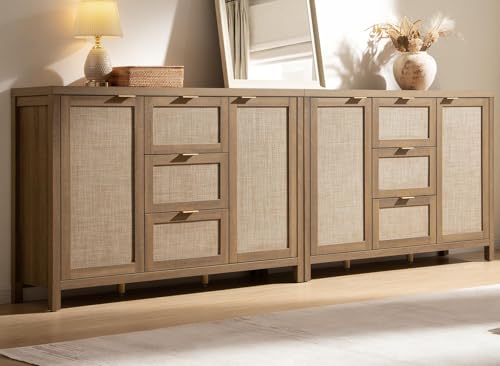 Image of SICOTAS Rattan 52 Inch Sideboard Buffet Coffee Bar Cabinet with 3 Drawers | 2 Pieces Farmhouse Boho Credenza Storage Cabinet with Large Storage, Console Table for Living Room, Kitchen, Entryway