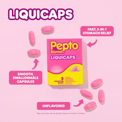 Image of Pepto Bismol Liquicaps, Upset Stomach Relief, Nausea Relief, Heartburn Relief, Indigestion Relief, Anti Diarrhea Medication for Adults - 5 Symptom Fast Relief, No Flavor, 48 ct