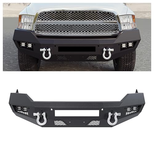 KUAFU Front Bumper Compatible with 2013-2018 Dodge RAM 1500 & 2019-2023 RAM 1500 Classic 2WD 4WD W/D rings & 4 18W LED Lights Steel Power Coated Black(2 Packages)