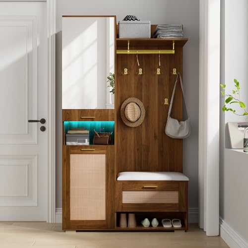 Juabett Garderobenset, Flurgarderobe Set mit Schuhbank, Spiegel, Spiegel und Schuhschrank, mit 4 Kleiderhaken und Polster Sitzbank, Garderoben Set, Kompaktgarderobe (110Lx38Bx190H-Walnuss-Holzoptik)