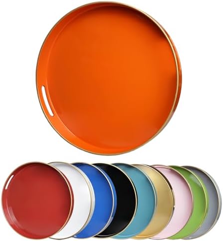 Orange Round Decorative Tray with Handles, 13