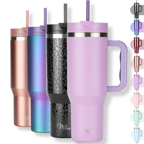 Milu Thermobecher 1200ml mit Strohhalm und Henkel – 48h Eis/24h kalt/12h heiß Edelstahl Tumbler 40oz mit Griff - Isolierbecher to go - Isolierflasche Trinkflasche doppelwandig isoliert (Lilac, 1200ml)