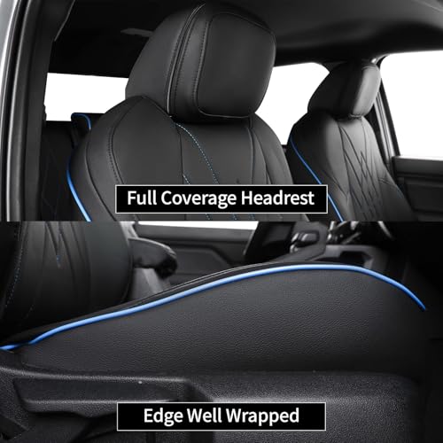 Image of EKR Custom Fit Tacoma Front Car Seat Covers for Toyota Tacoma (Petrol & Hybrid) 2024 2025 2026 Double cab SR /SR5 /TRD Sport /TRD Off-Road /Limited - Front Row Only,Faux Leather(Black with Blue Trim)
