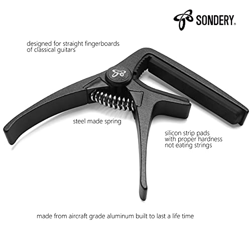 Sondery Capo for Classical Guitars Ultra Light Metal Capo with Premium Black Color for Nylon Strings Wide Neck Guitars Extremely Constructed with Steel Spring Trigger - Thumbnail 2