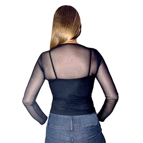 Blusa Tule Transparente Manga Longa Preta (M)
