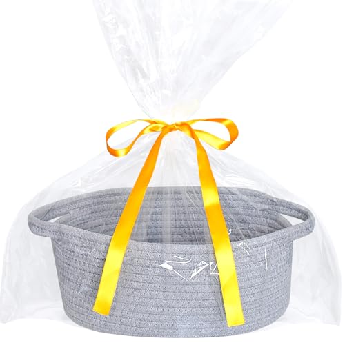 Image of ABenkle Small Basket with Handles, Boho Decorative Rope Woven Dog Cat Toy Storage Bin Shelf Storage Organizer, Easter Christmas Gift Basket, 12 inchx8 inchx5 inch