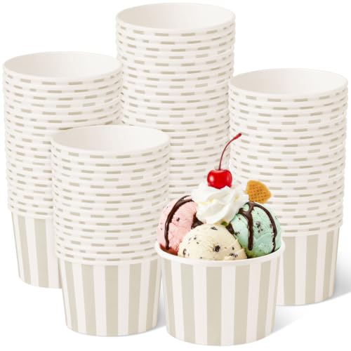 Image of Zopeal 50 Count Beige Striped Ice Cream Cups Disposable Dessert Bowls | 9 oz Paper Ice Cream Bowls, Birthday Party Supplies, Snack Cups Sundae Picnic Yogurt Bowls for Food