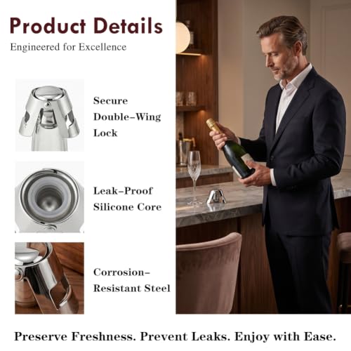 Aoreun Bouchons à Champagne, 4 Pièces Bouchon Bouteille Champagne Garde Bulles en Acier Inoxydable, Bouchons de Vin Scellé Pour Champagne, Cava, Prosecco – vue 5