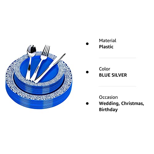Fomoica Royal Blue Silver Plastic Plates And Silverware - 125 Pcs Disposable Premium Plastic Dinnerware Set – Reusable Navy Dinner Plates, Forks, Spoons, Knives – Birthday Parties, Wedding, Christmas #TOP7