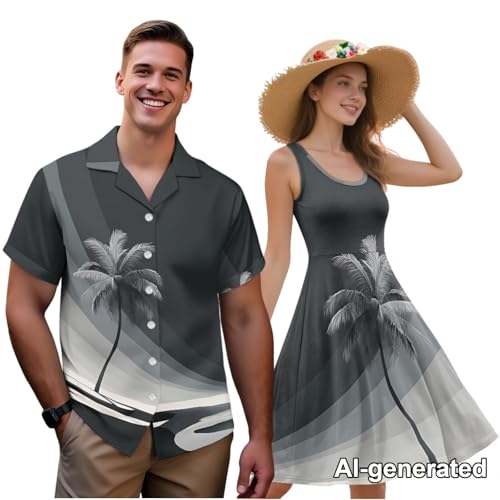Image of Hawaii Matching Couple Outfits Husband and Wife Clothing Fashionable Mens Casual Shirts Hawaii Dress with Soft Fabric