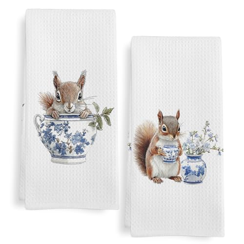 GWFSJYU Chinoiserie Squirrel Gifts Kitchen Towels Set of 2, Cute Fall Squirrels Dish Tea Towels for Kitchen, Rustic Squirrels Animal Decorative Hand Towel for Bathroom, Squirrel Lovers Gifts, 16x24