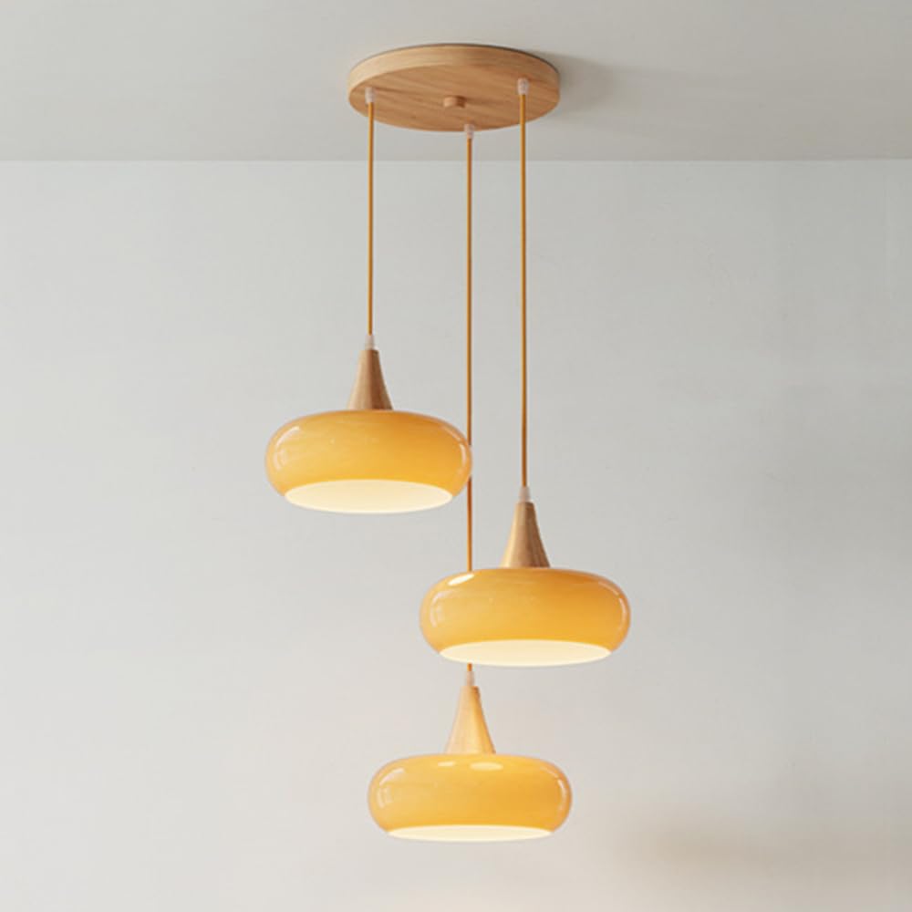 LYMSXAZOU 3-Light Cluster Pendant Lamp Drum Glass Hanging Light Wood Accent Chandelier Nordic Wooden Lighting for Kitchen Island Dining Room