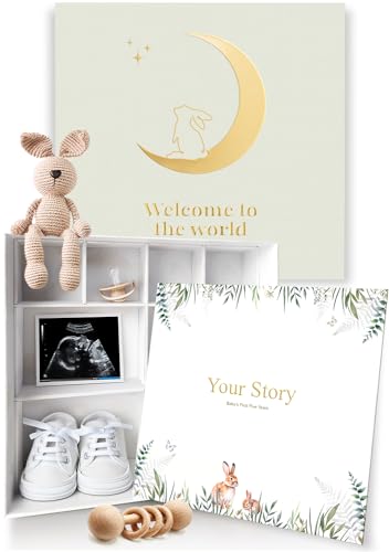 Image of Olive & Lark Baby Keepsake Box with Baby Book - Baby Shower Gifts for Mom, Baby Shower Gifts for Boys - Baby Journal Memory Book Boys - Gender Neutral Photo Album First 5 Years with Milestones Green