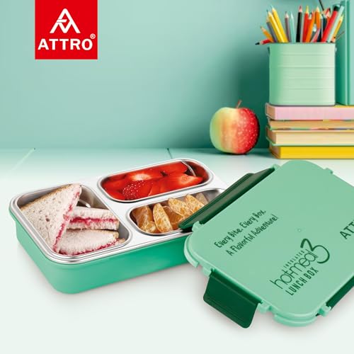 Image of ATTRO Hot-Meal 3 Insulated Lunch Box with 3 Compartment, Inner Stainless Steel & Locking Lid BPA-Free Food Grade Ideal for School, Office - 900ml Green