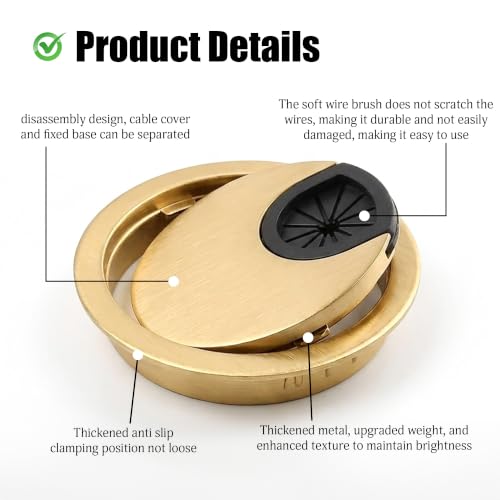 Image of Aluminum Alloy Desk Grommet - Round Metal Cable Wire Hole Cover with Flip Dust-Proof Lid for Office Desk, Computer Table, TV Cabinet & Furniture - Cord Organizer (60mm Round, Gold)