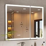 QueenFun 36x30 Lighted Medicine Cabinet with Mirror, Beveled Brushed Nickel Framed Surface or Recessed Fogless Dimmable LED Medicine Cabinet with Lights, Outlet, Time Display and Sensor Inner Light