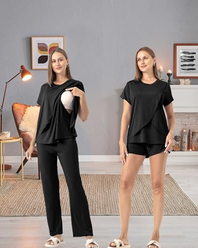 SUNNYBUY 3-teiliges Still-Pyjama-Set für die Zeit nach der Geburt, lässig, weich, Umstands-Pyjama, Nachtwäsche, Loungewear, Kleidungsschicht, Schwarz XL
