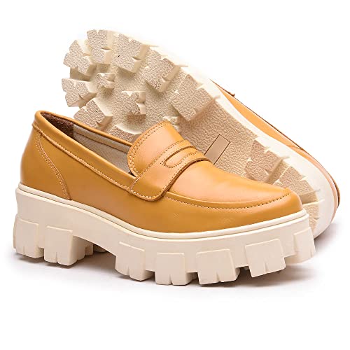 Mocassim Feminino Tratorado Todo Em Couro Legítimo Confortável (Mostarda, br_footwear_size_system, a