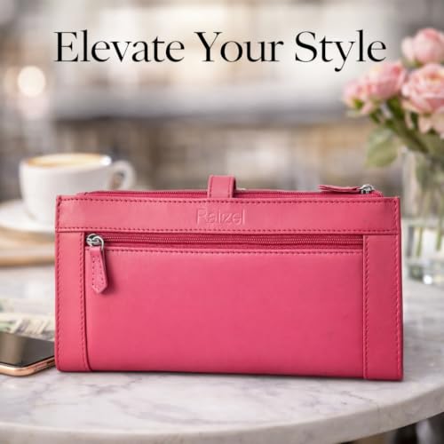 Image of Raizel Genuine Leather Clutch Purse for Women | Handheld Wallet with 2 Main Compartments, 1 Zipper Pockets, 5 Card Slots | Pink