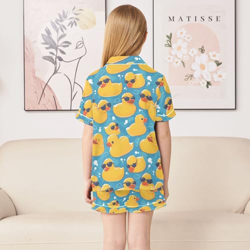 ALAZA Duck Blue Yellow Satin Pajamas Set Short Sleeve Button Down Sleepwear Summer Pjs 2 Piece4