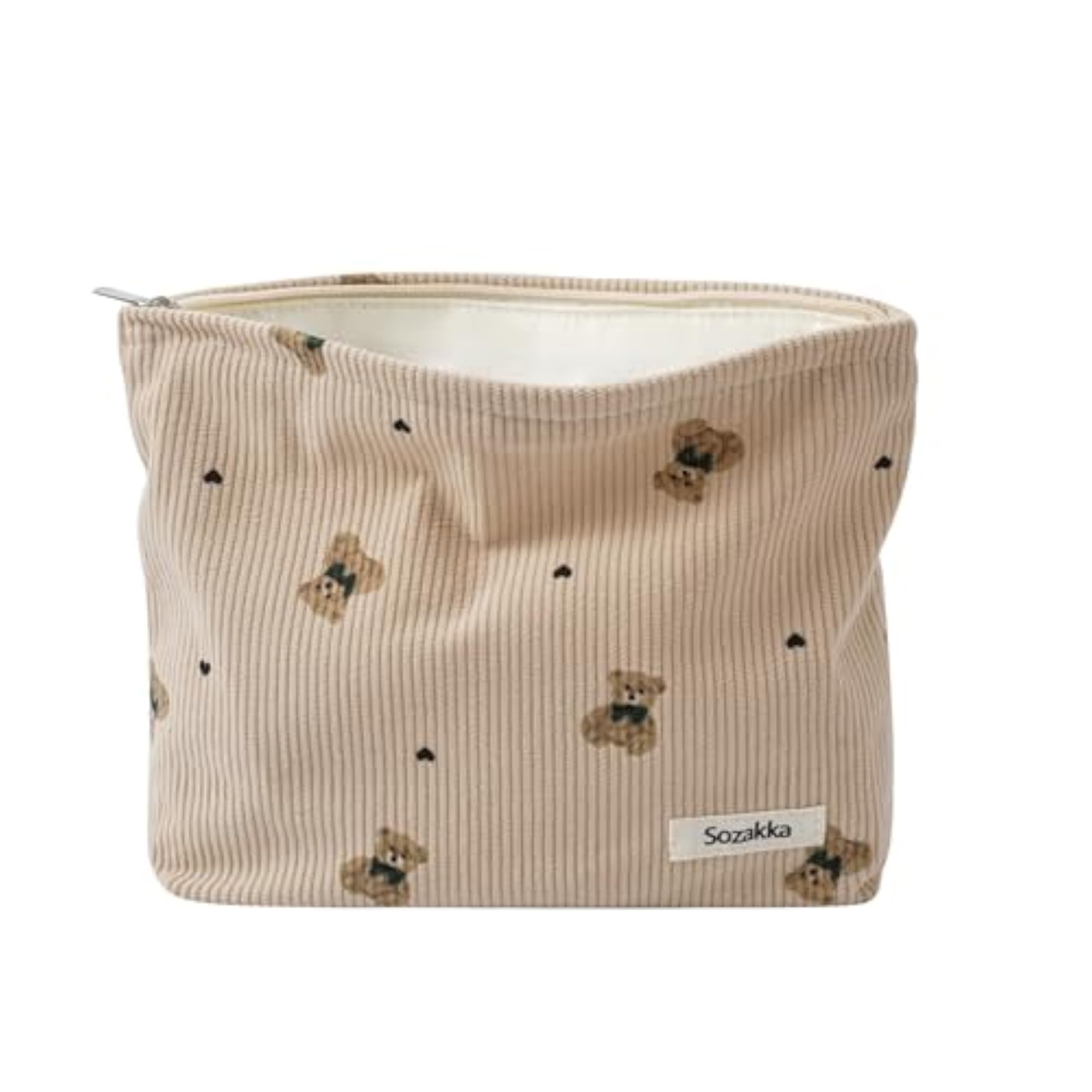 Corduroy Travel Makeup Bag with Bear Pattern, Cosmetic Bag for Women