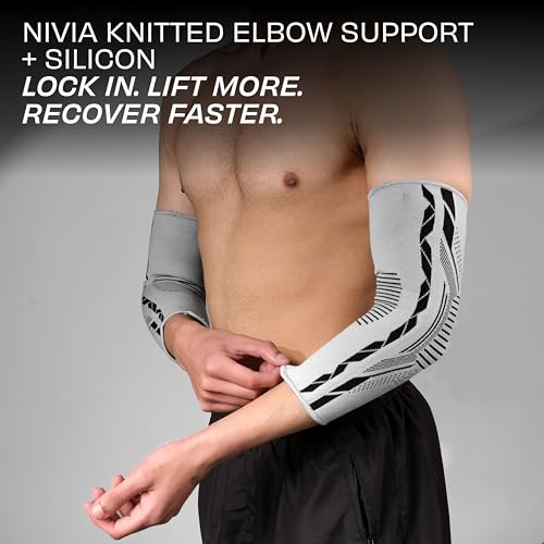 Image of Nivia Knitted Elbow Support with Silicon For Men & Women, Neoprene Compression Sleeve, Anti-Slip Grip, Heat Retention & Joint Stability for Gym, Training, and Injury Recovery(Grey, Large)