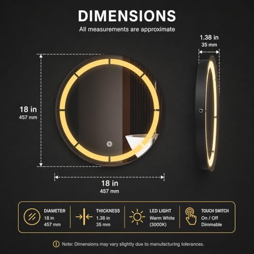 Image of LED Bathroom Wall Mirror with Decorative 3 Light Design | Touch Sensor | Warm | Natural and Cool White | for Wash Basin | Bedroom | Dressing Area Decoration (Round 2nd, 18x18)