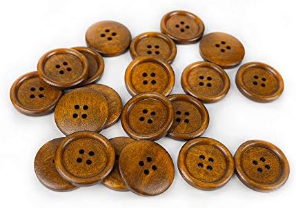 50 Pcs 1 inch Wooden Buttons, 25mm Premium Buttons for Sewing Craft Clothing, Brown Color, Natural Chestnut Made, 4 Hole