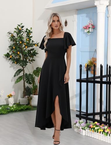 Image of LightlyKiss Women's Square Neck Backless Dress High Slit Wedding Guest Dress Formal Cocktail Party Dress