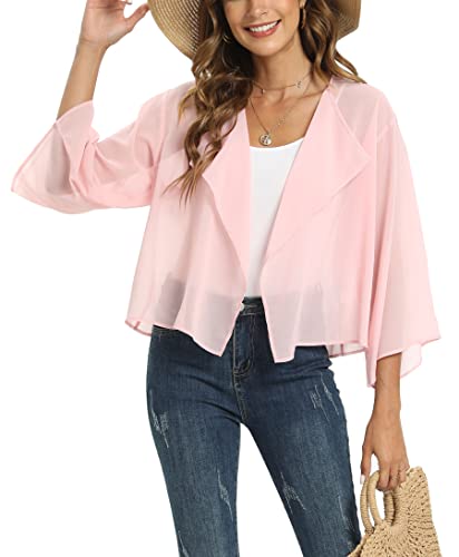 Womens Tops 3/4 Sleeve Cardigans Casual Lightweight Open Front Chiffon Shrug Bolero（B-Light Pink,Xl） #TOP2