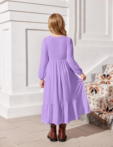 Image of Arshiner Girls Maxi Dresses Lantern Long Sleeve Casual Holiday Dress with Pockets for 5-14 Y
