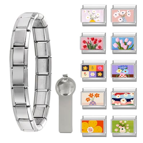 papasgix Italian Charm Bracelet Silver Set with Starter Brascelet Flowers Assorted Charms and Opening Tools 9mm Modular Italian Charm Bracelet Links Handmade DIY Jewelry