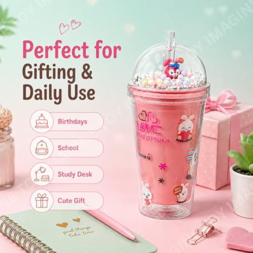 Image of Toy Imagine Bunny Glitter Tumbler for Kids, 550ml Double Wall Acrylic Sipper Cup with Straw & Dome Lid, BPA-Free Reusable Tumbler with Floating Beads for School, Travel & Gifts