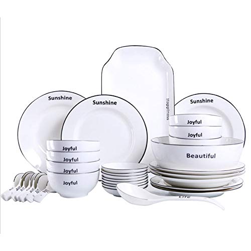 ZYLHGIKBAD Juegos de vajilla Vajilla de cerámica de 35 Piezas Plato Simple de línea Negra Inglesa Plato de Fruta Plato de Pescado para el hogar Tazón de Sopa Juego de Platos de tazón de cerámica
