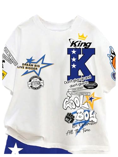 Image of BEAUDRM Boy's 2 Piece Outfits Graphic Crewneck Short Sleeve T shirt and Track Shorts Summer Clothing Sets