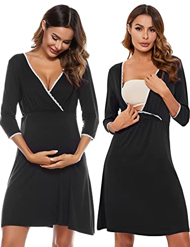 Sykooria Women's Breastfeeding Dress Cotton Soft Nursing Nightdress 3/4 Length Sleeves Maternity Nightdress Labour Nightgown for Hospital and Home A - Black