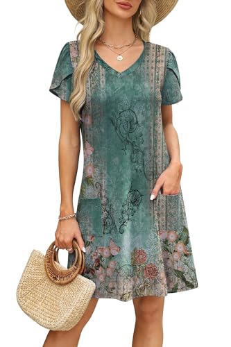 Image of OFEEFAN Womens Summer Dresses 2026 Tulip Petal Short Sleeve V Neck Loose Swing Sundresses with Pockets Plain /Print