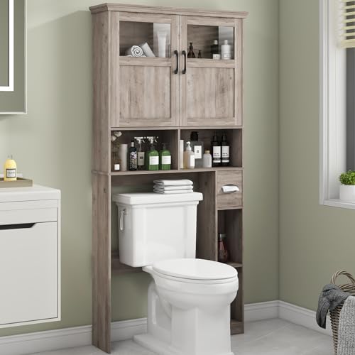 Vabches Over The Toilet Storage Cabinet, Storage Cabinet Over Toilet with Glass Doors & Toilet Paper Holder Stand, Freestanding Toilet Rack Space Saver with Anti-Tip Design and Adjustable Shelf, Grey
