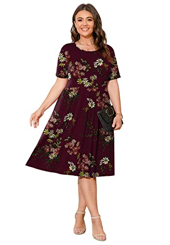 Image of POSESHE Womens Plus Size Summer Dress 2026 Casual Short Sleeve Empire Waist Loose Fit Swing T-Shirt Dress with Pockets