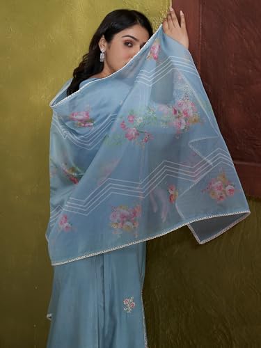 Image of INDO ERA Women's Silk Blend Floral Embroidered Straight Kurta & Pant with Dupatta Set (IEOUT11646)