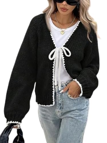 chouyatou Women's Bow Tie Front Cardigan Sweaters Fall Winter Long Sleeve Open Front Chunky Sweater Coats