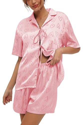 Image of CHYRII Women's Silk Satin Pajamas Sets Tie Front Short Sleeve Tops and Shorts Two Piece Pj Sets Sleepwear