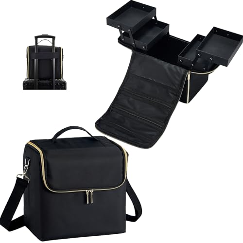 Stagiant Extra Large Makeup Case, Makeup Box Organizer,Travel Nail Bag Carrying Train Case Pro Storage Make up Case with Dividers, 4 Tier Tattoo Bag for Nail Tech/MUA,with Strap and Luggage Sleeve