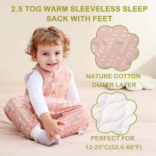 Nivolltha Super Soft Winter Baby Sleeping Bag with Feet 2.5 TOG, 100% Cotton Warm Toddler Sleep Sack with Feet, Feather, Size L - Image 2