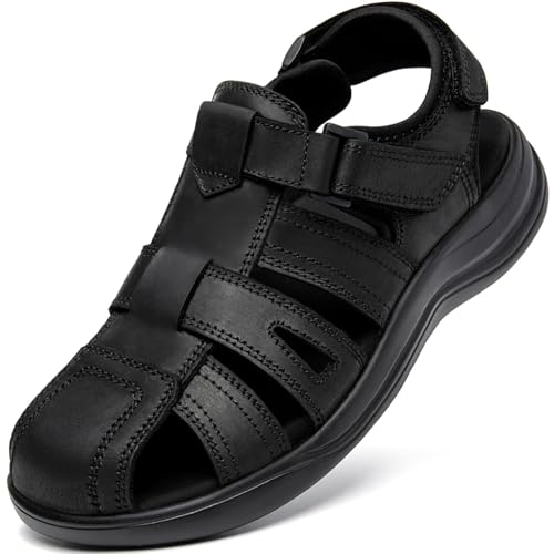 Image of Men's Sport Sandals Closed Toe Leather Hiking Athletic Walking Outdoor Beach Trail River Fishing Water Shoes Lightweight Comfortable Waterproof