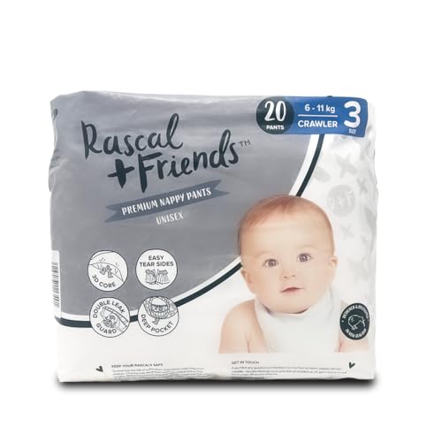 Image of Rascal + Friends Premium Pants Style Baby Diapers With Easy-Tear Sides And Double Leak Guards. 3D Core Technology And Deep Pocket Absorb Upto 12 Hours | Size 3, 20 Count, 6-11Kg